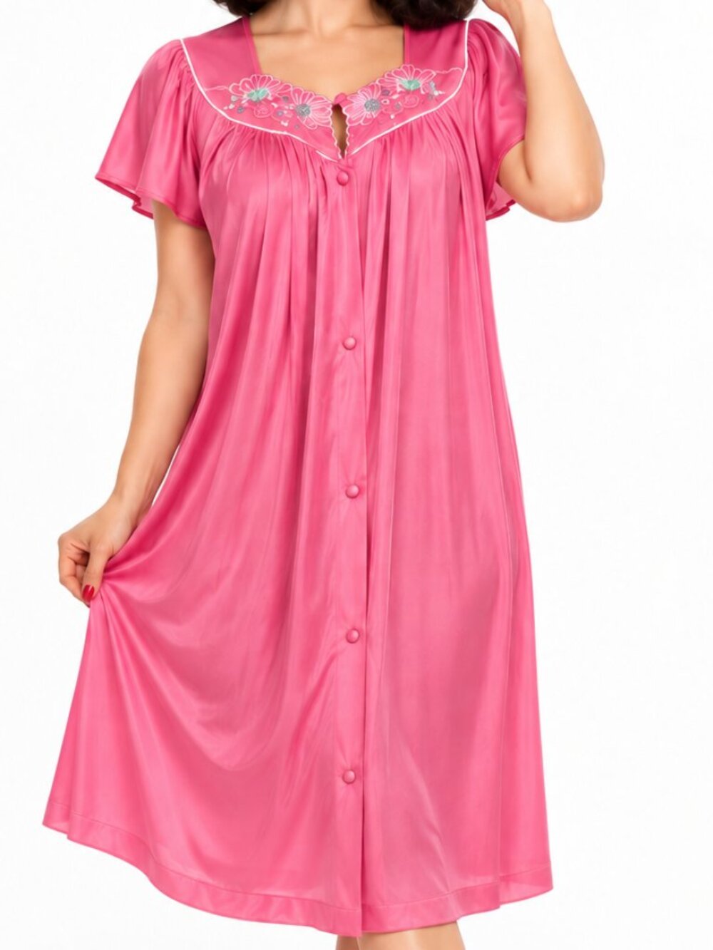 Vintage 80s VANITY Fair Embroidered Pink Nightgown House Dress Small